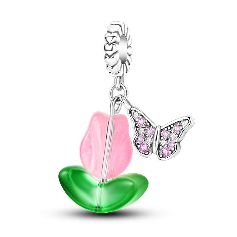 Pink Tulip Butterfly Diamante Pendants Charm