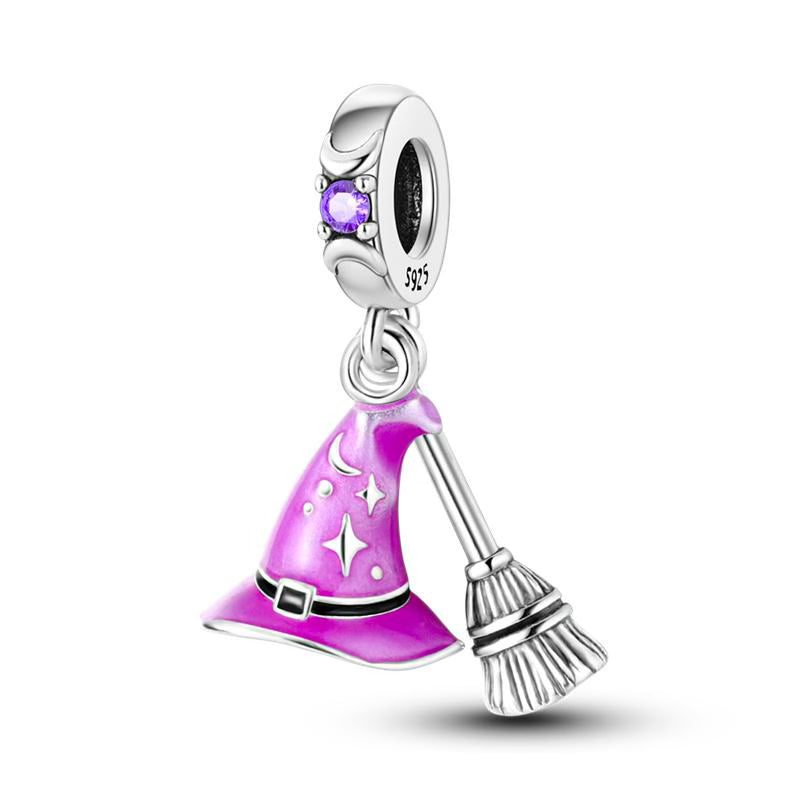 Pink Magic Hat & Broom Diamante Pendants Charm