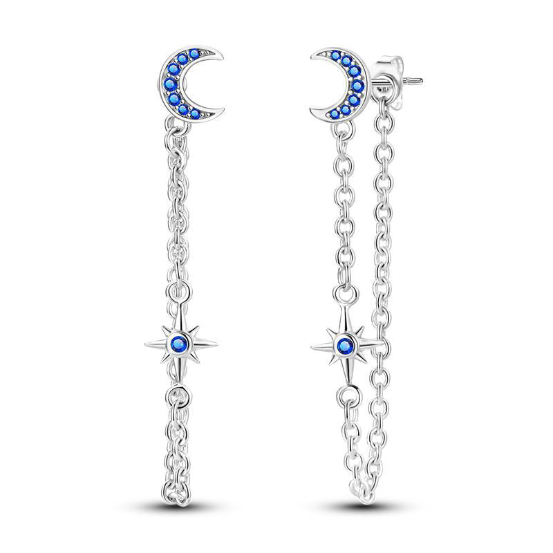 Blue Diamante Moon & Star Chain Earrings