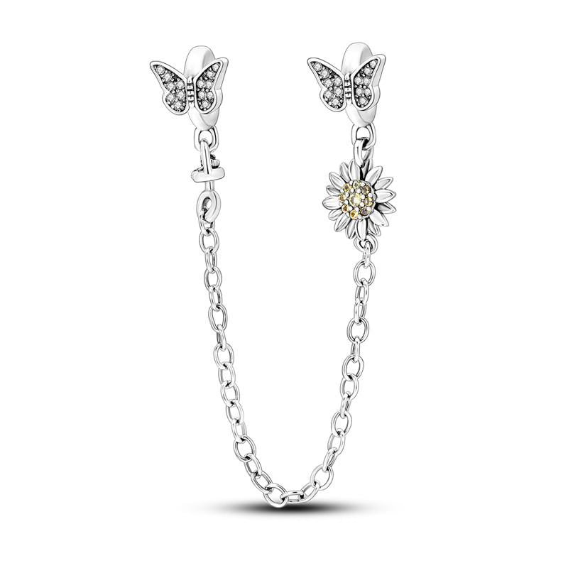 Double Butterfly & Flower Diamante Chain Charm