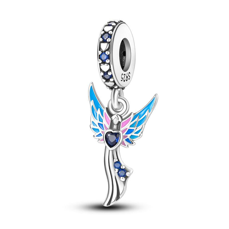 Blue Winged Angel Love Hearts Diamante Pendant Charm