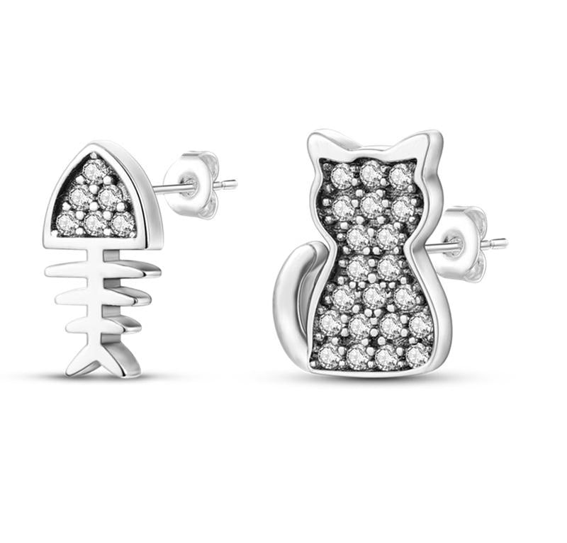 Diamante Cat & Fishbone Earrings