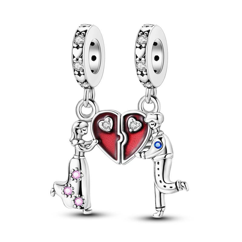 Couple Love Heart Pieces Diamante Pendants Charm