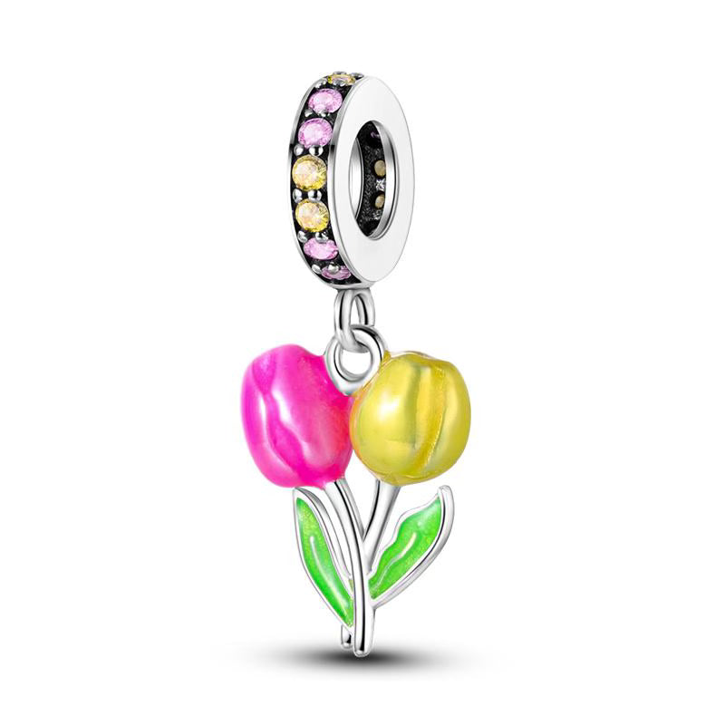 Pink & Yellow Tulip Diamante Pendant Charm