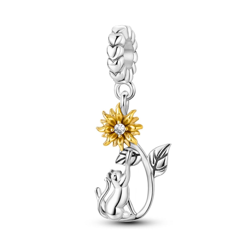 Cat & Yellow Flower Playtime Love Hearts Pendant Charm