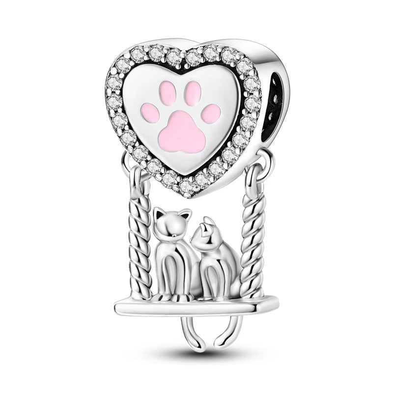 Cat & Dog Swing Pink Paw Love Heart Pendant Charm